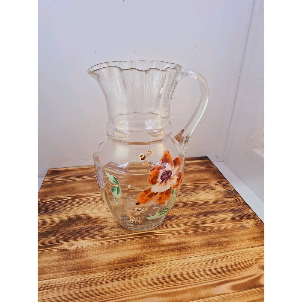 Antique Hand Painted Flowers Hand Blown Glass Pitcher Vase Crimped Rim 9.75" Vtg